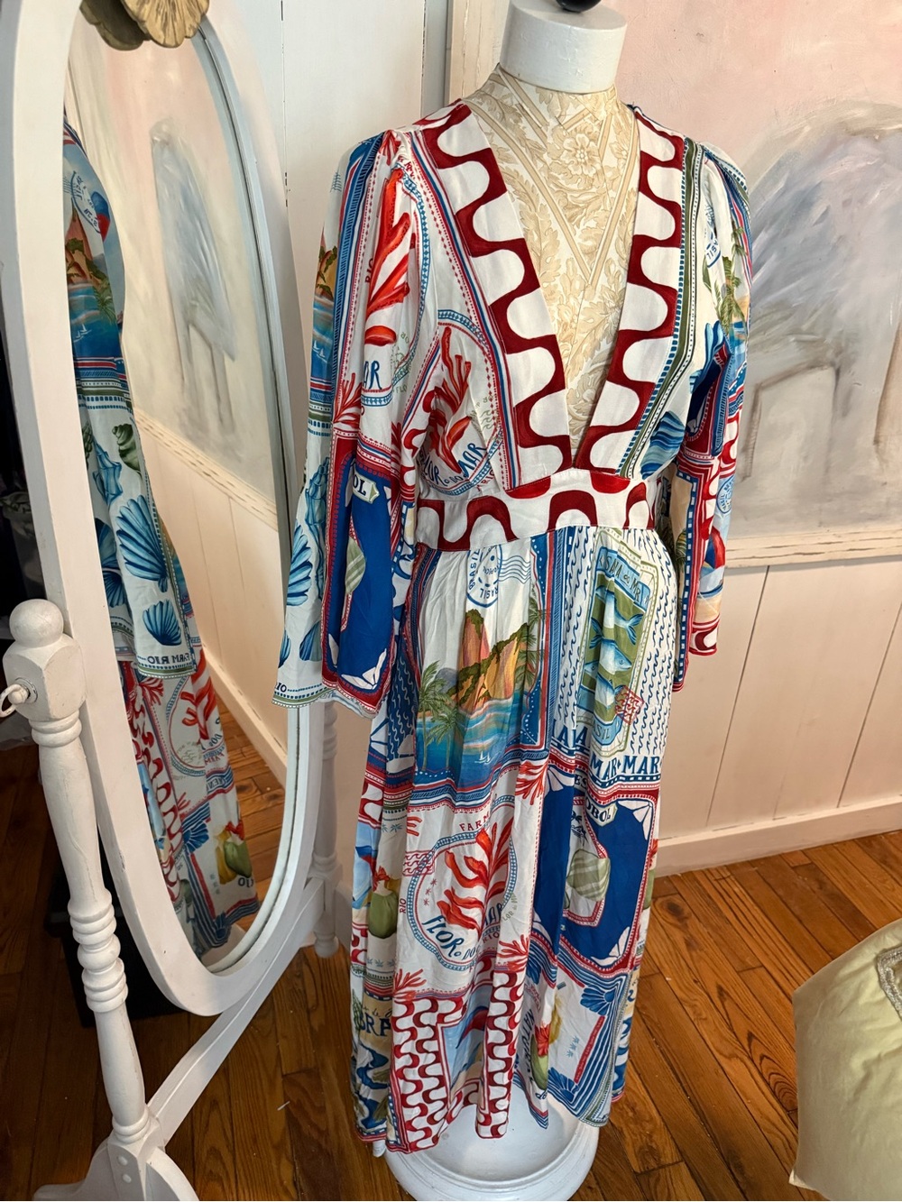 Farm Rio Bohemian Multi-Print Maxi Dress - Blue & White red
